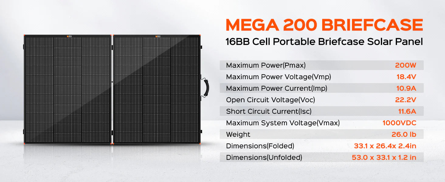 MEGA 200 Portable Briefcase Solar Panel | 200 Watt Portable Solar Panel | Powerful 12V Portable Solar Panel for Generators, Power Stations, Campers | High Efficiency